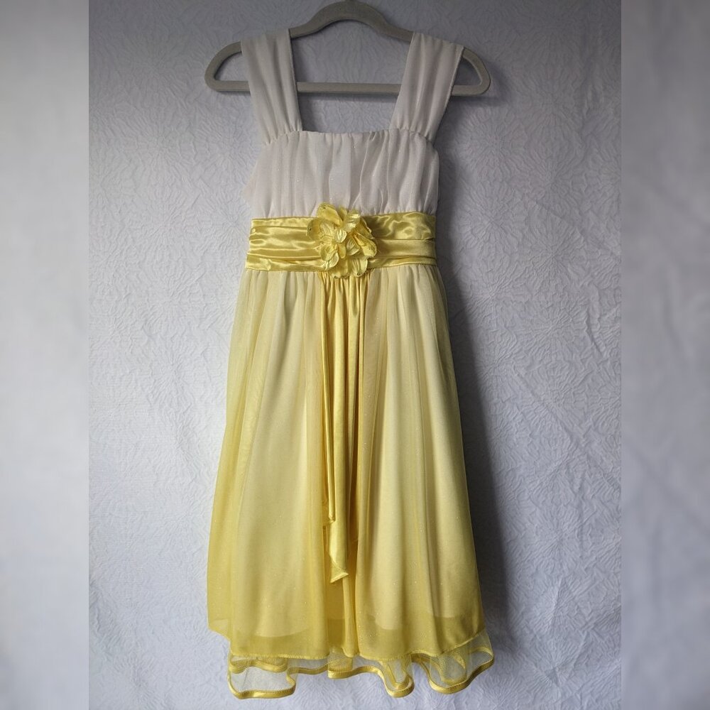 Girls Sleeveless Dress Butter Yellow White Flower Back Ribbon Square Neck Size 8